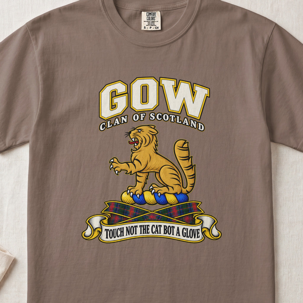 Gow Scottish clan T-shirt in Espresso, front view with a golden wildcat and motto design.