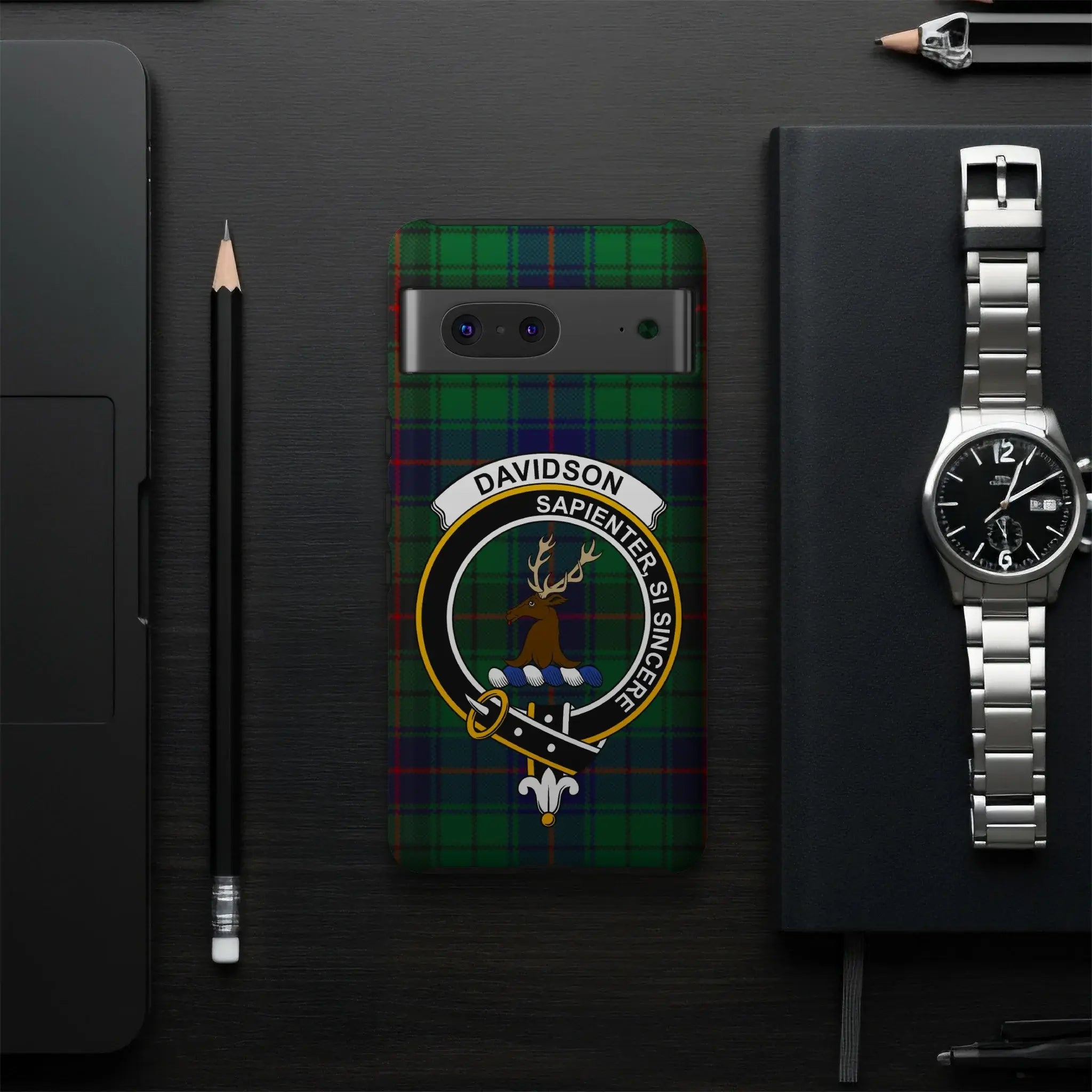 Davidson clan crest tartan smartphone case — full heraldic design with Wisely if Sincerely motto