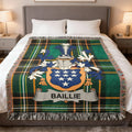 Baillie Irish family crest woven blanket with Irish tartan design and fringed edges