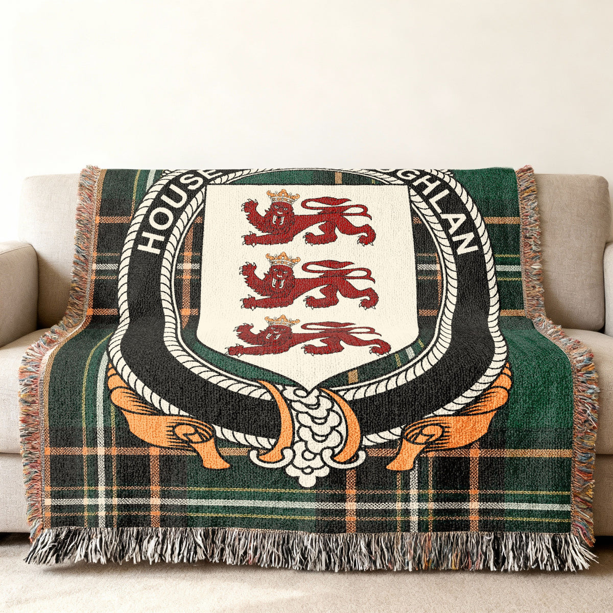 MacCoghlan Irish National Tartan woven blanket displayed on a sofa