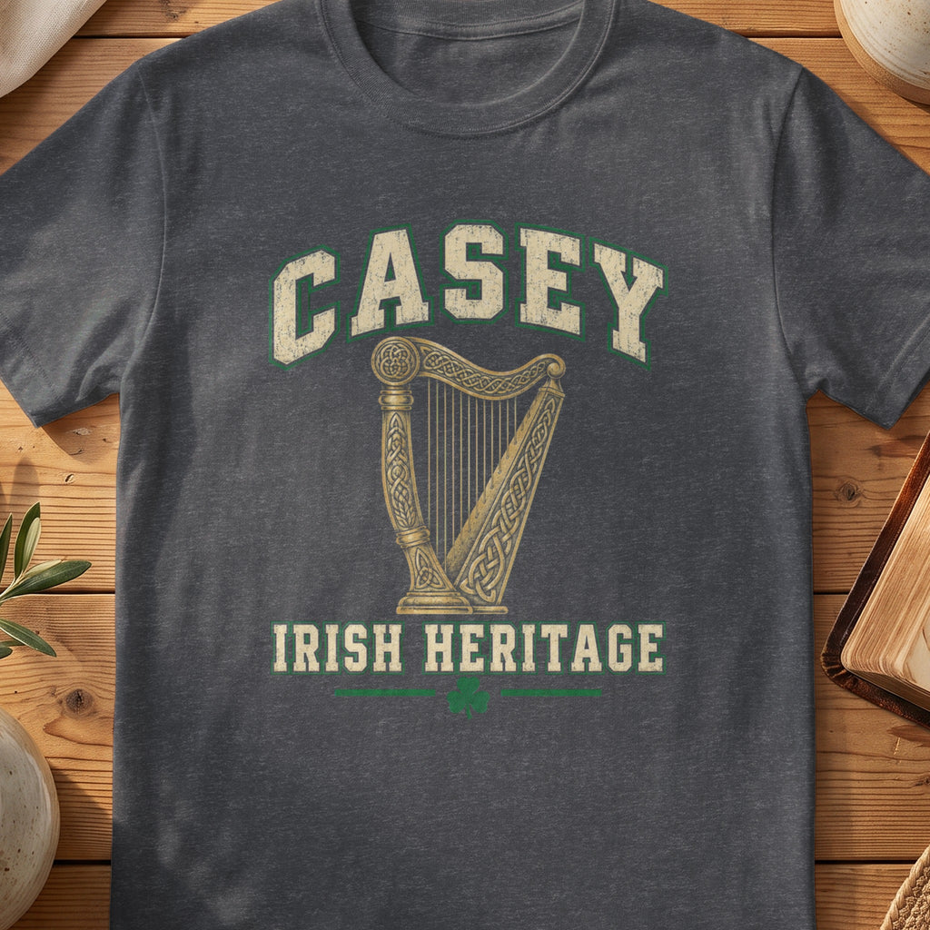 Casey Irish Heritage dark heather gray Gildan 64000 T-shirt with Celtic harp design