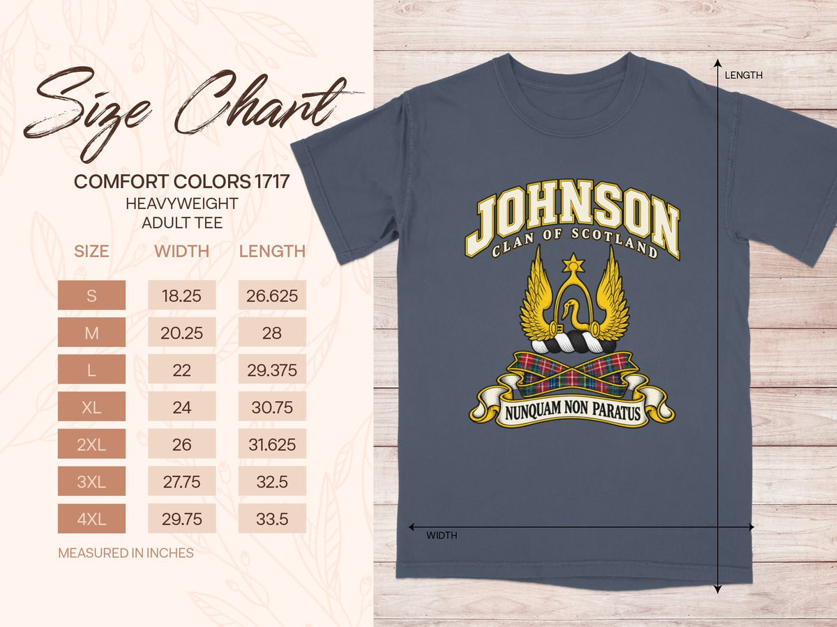 Comfort Colors 1717 size chart for the Johnson Scottish clan T-shirt, adult sizes S–4XL.