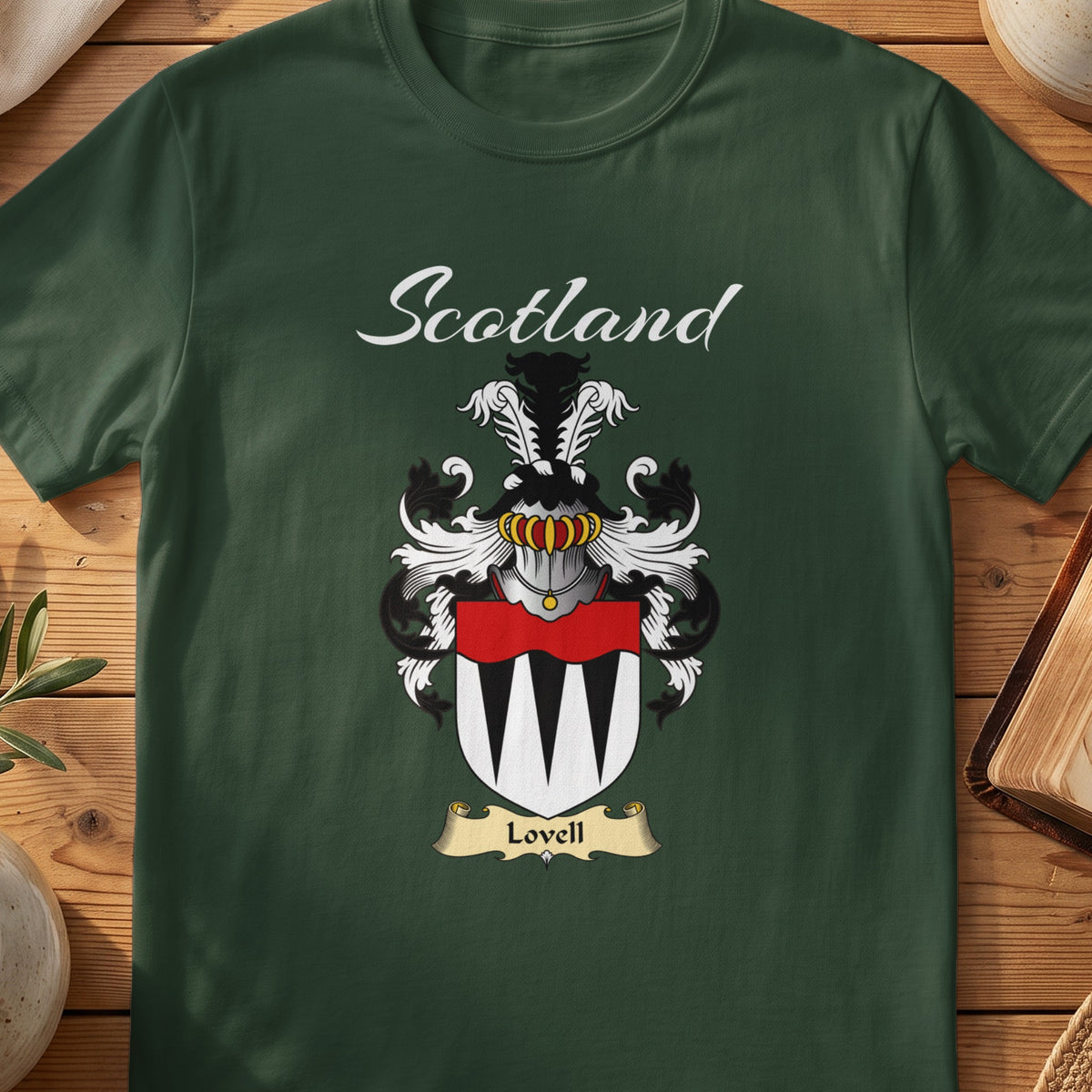 Forest Green Lovell Scottish T-shirt featuring a black-and-white pointed pattern beneath a red band