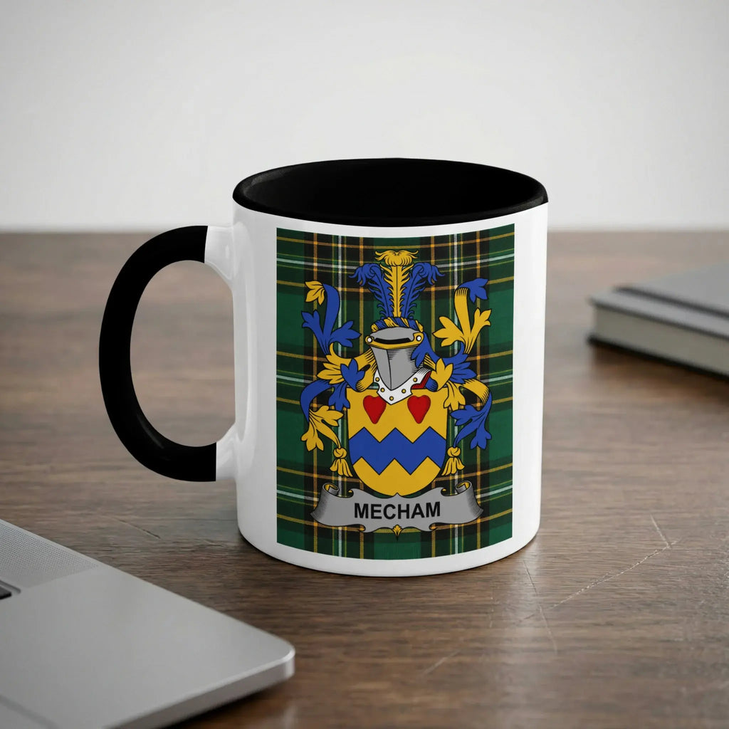 Mecham Irish heritage mug with black handle and family crest