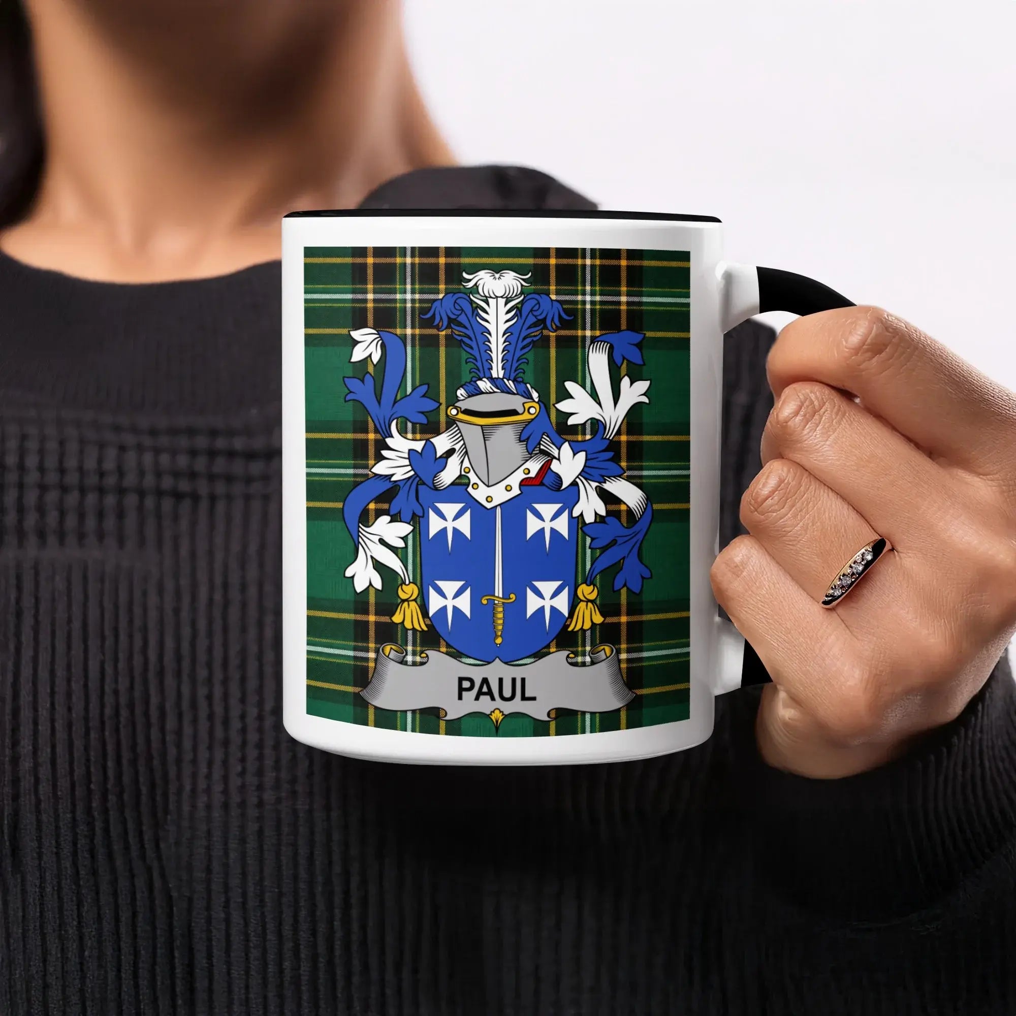 Paul black accent mug featuring Irish National Tartan and family crest