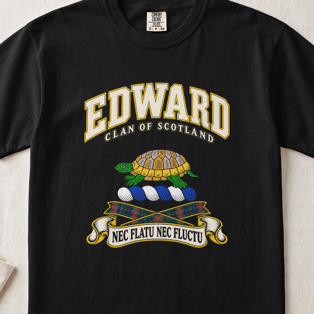 Edward Scottish clan T-shirt in Black, front view with a green and gold tortoise and motto design.