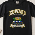 Edward Scottish clan T-shirt in Black, front view with a green and gold tortoise and motto design.