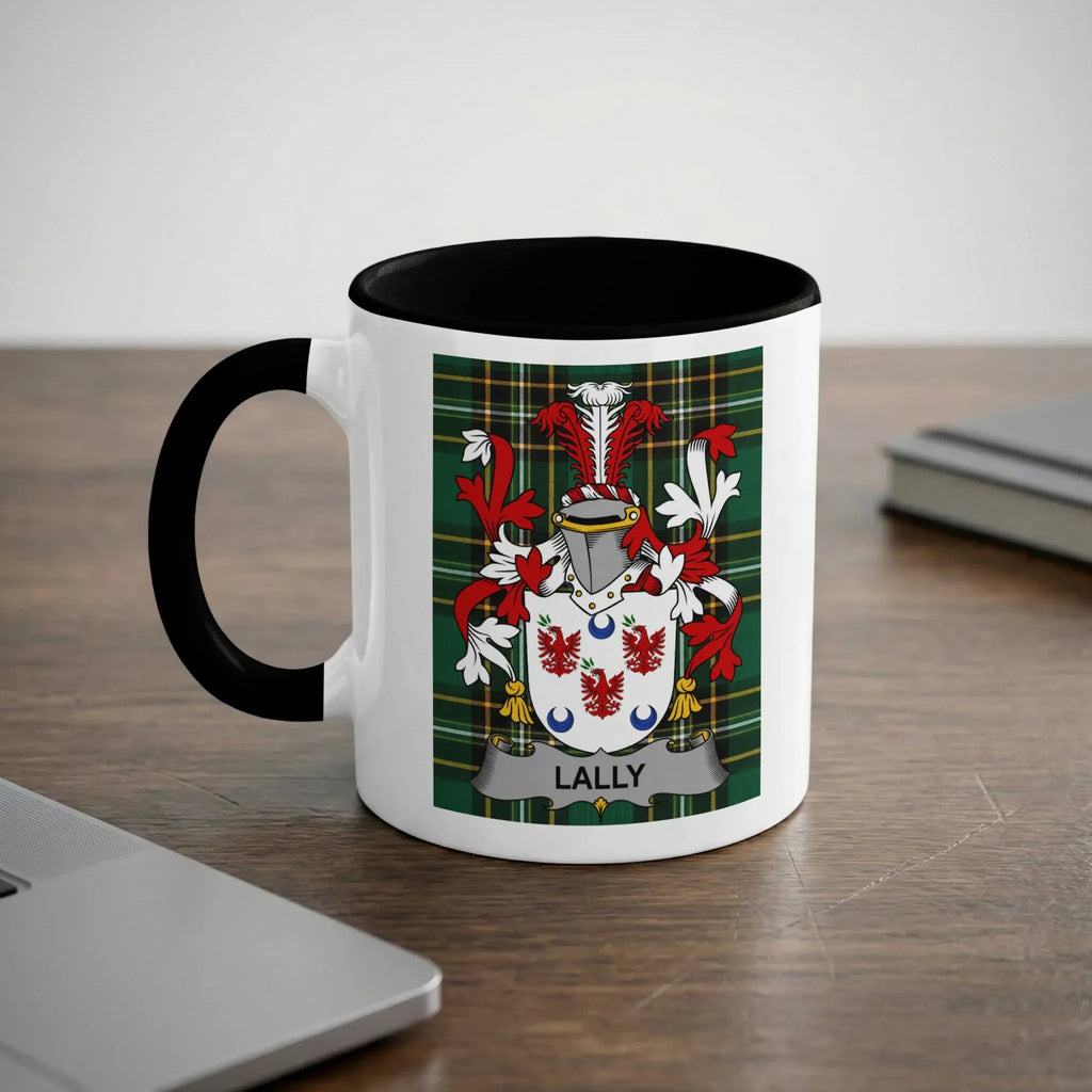 Lally Irish heritage mug with black handle and family crest