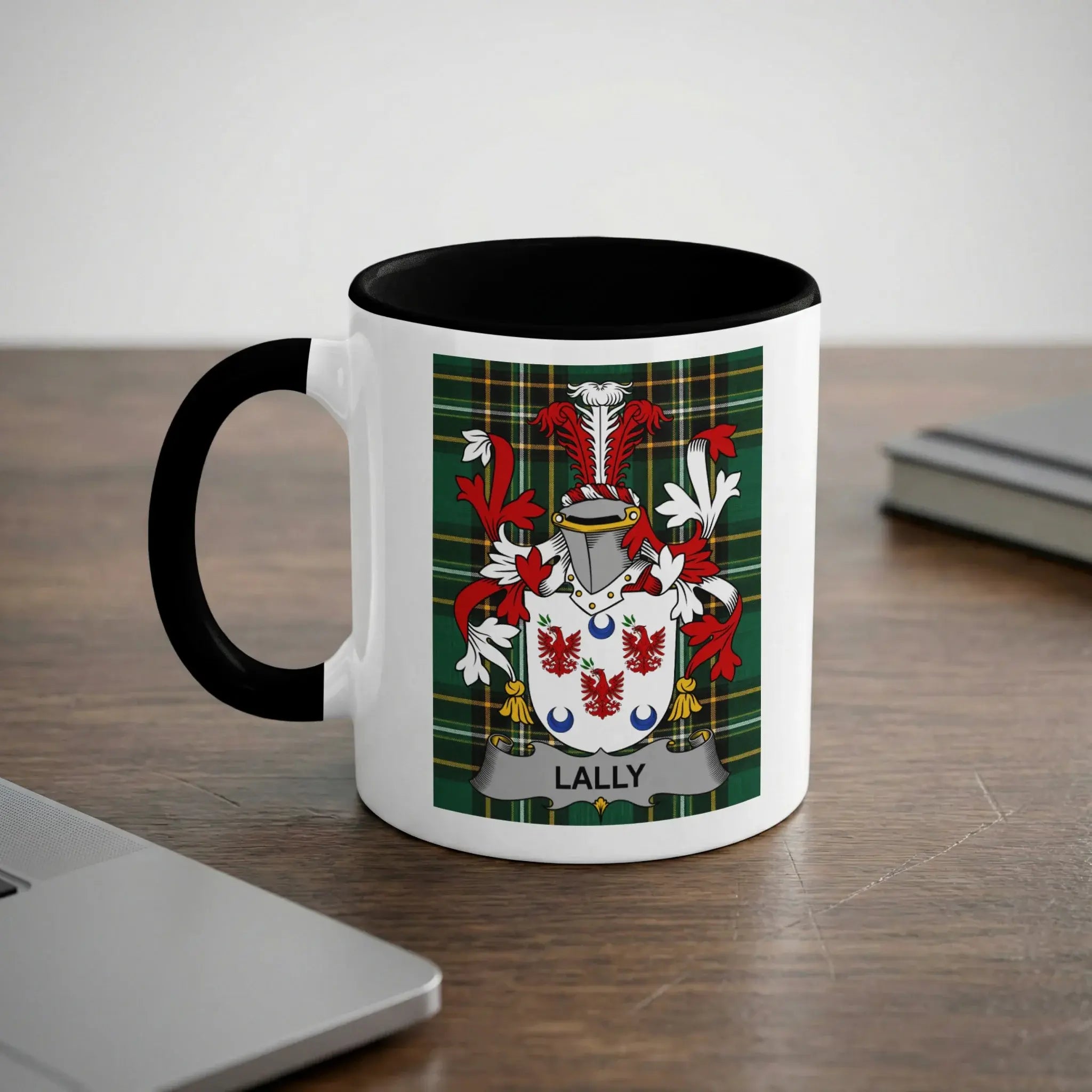 Lally Irish heritage mug with black handle and family crest