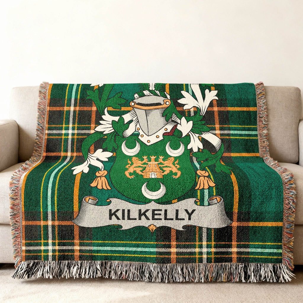 Kilkelly tartan throw blanket with a family crest displayed centrally.
