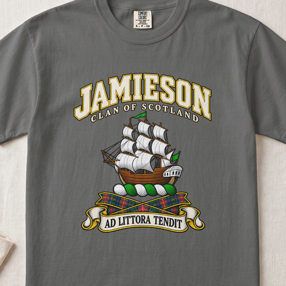 Jamieson Scottish clan T-shirt in Pepper, front view with a sailing ship with white sails and green pennants and motto banner.