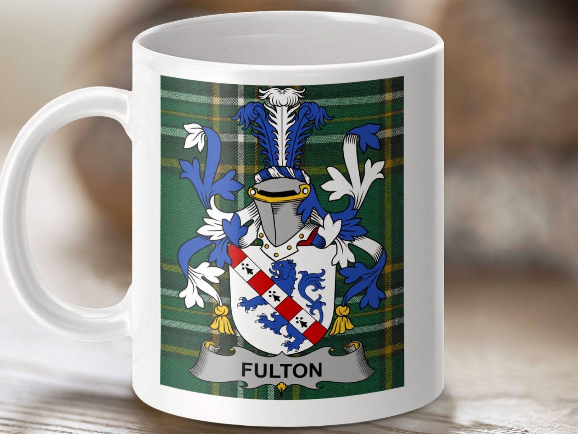 Fulton Surname Family Crest Irish Tartan Heritage Mug - Celtic Ancestry Gifts