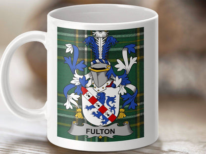 Fulton Surname Family Crest Irish Tartan Heritage Mug - Celtic Ancestry Gifts
