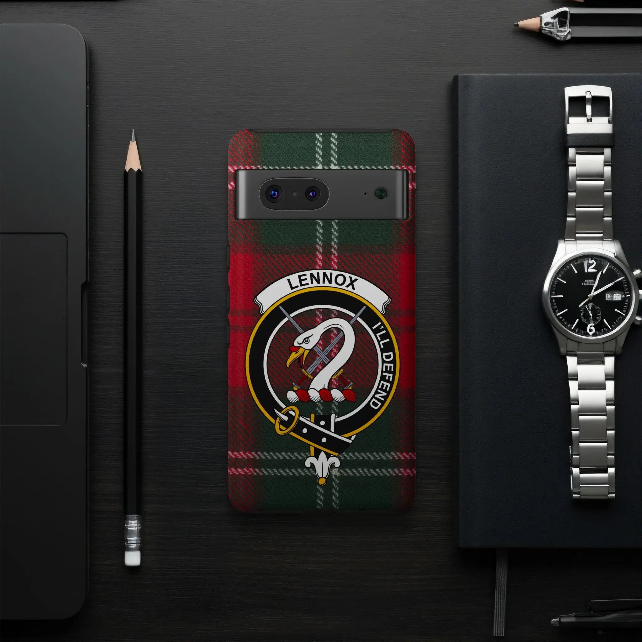 Clan Lennox crest phone case — UV-resistant coating, full colour tartan wrap, multiple device options