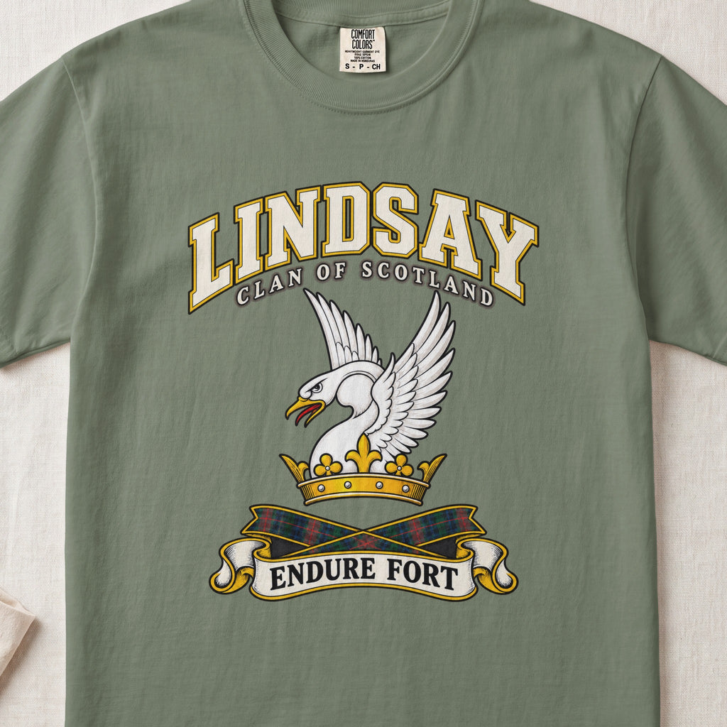 Lindsay Scottish clan T-shirt in Moss, front view with a white swan with raised wings and a golden crown and motto banner.