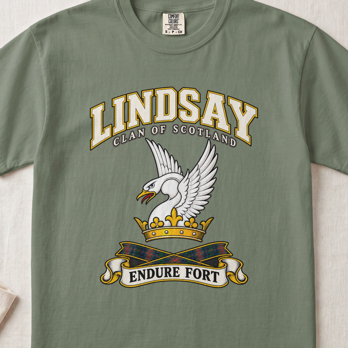 Lindsay Scottish clan T-shirt in Moss, front view with a white swan with raised wings and a golden crown and motto banner.