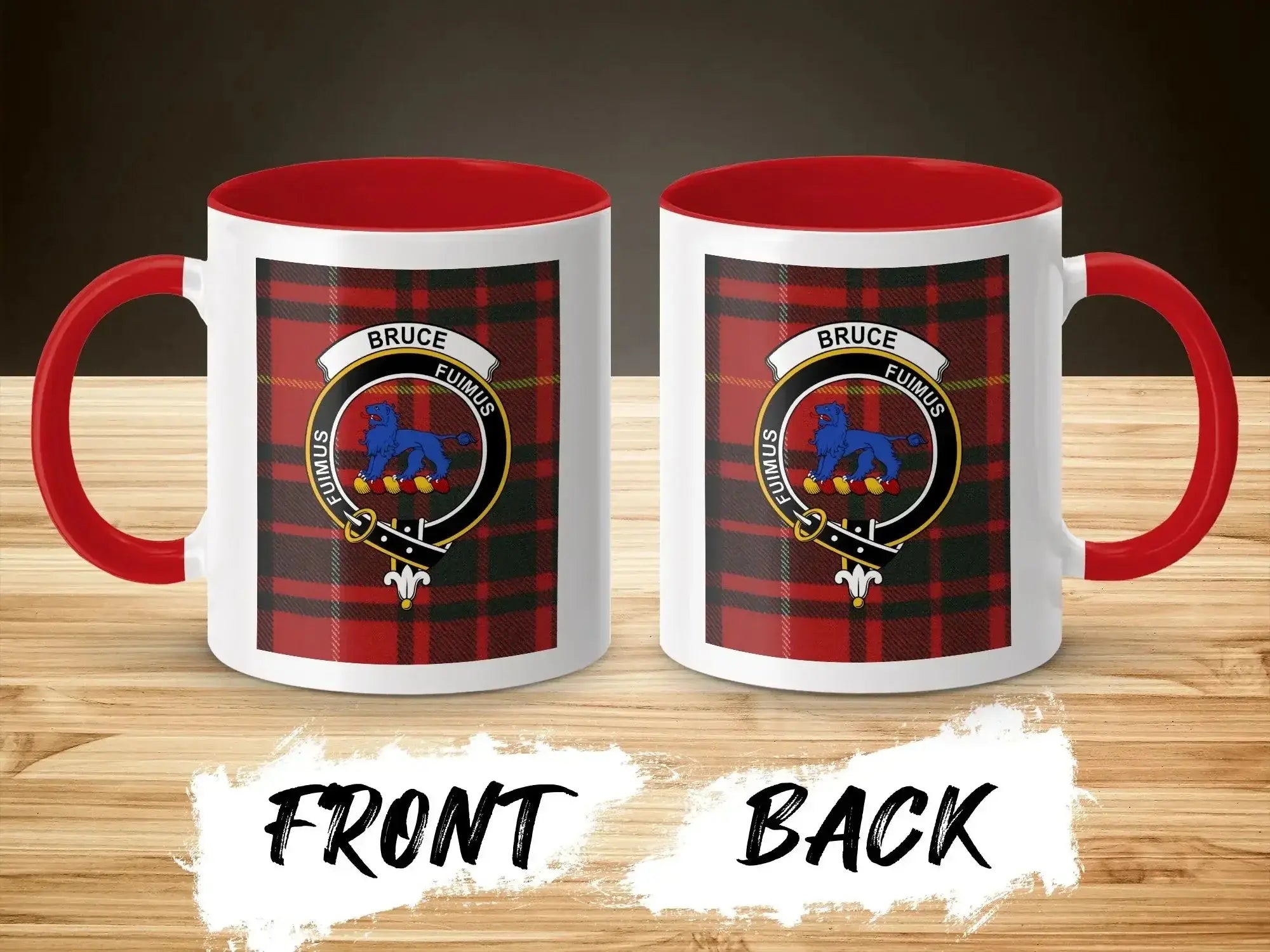 Bruce clan crest accent mug 11oz with red handle — tartan design and Fuimus motto on ceramic