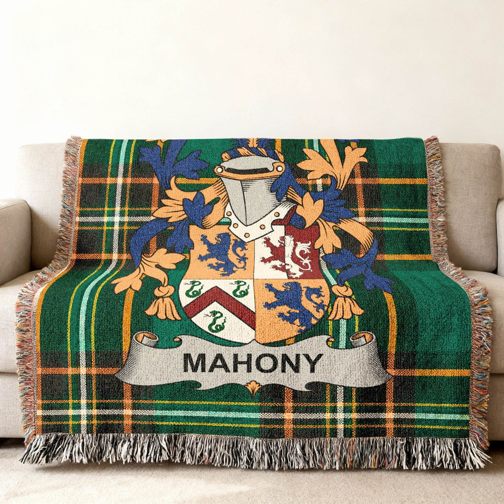 Mahony family crest woven throw blanket in green tartan pattern.