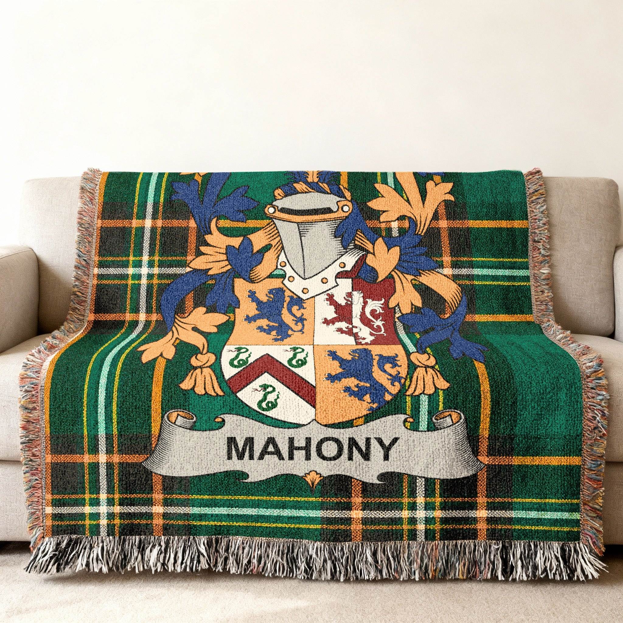 Mahony family crest woven throw blanket in green tartan pattern.