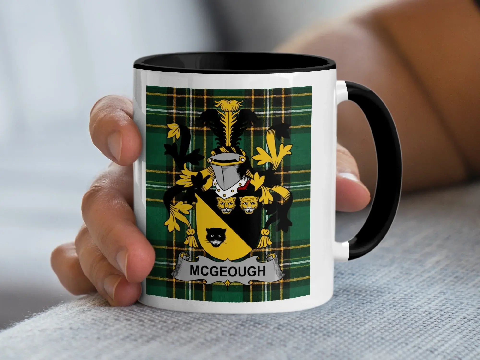 McGeough Irish family crest black accent mug