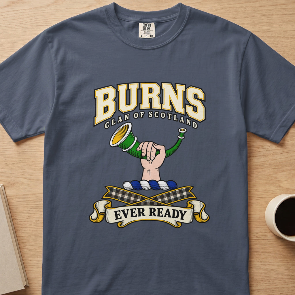 Burns clan T-shirt in slate blue, front view with hand holding a green hunting horn