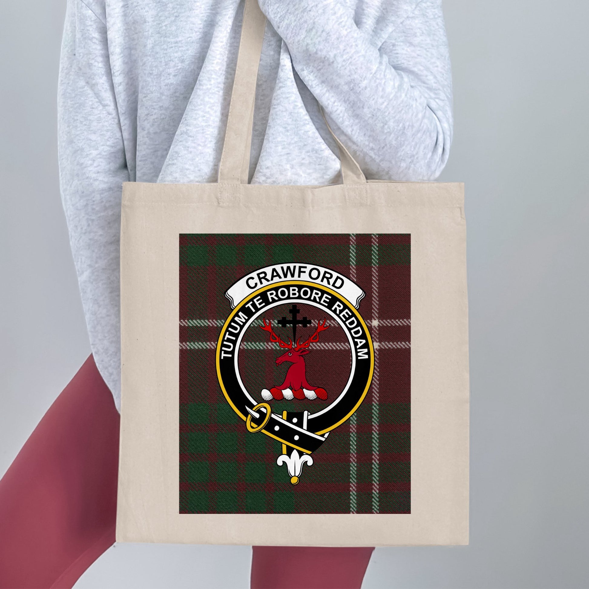 Crawford Clan Crest Tartan Background Tote Bag - Living Stone Gifts