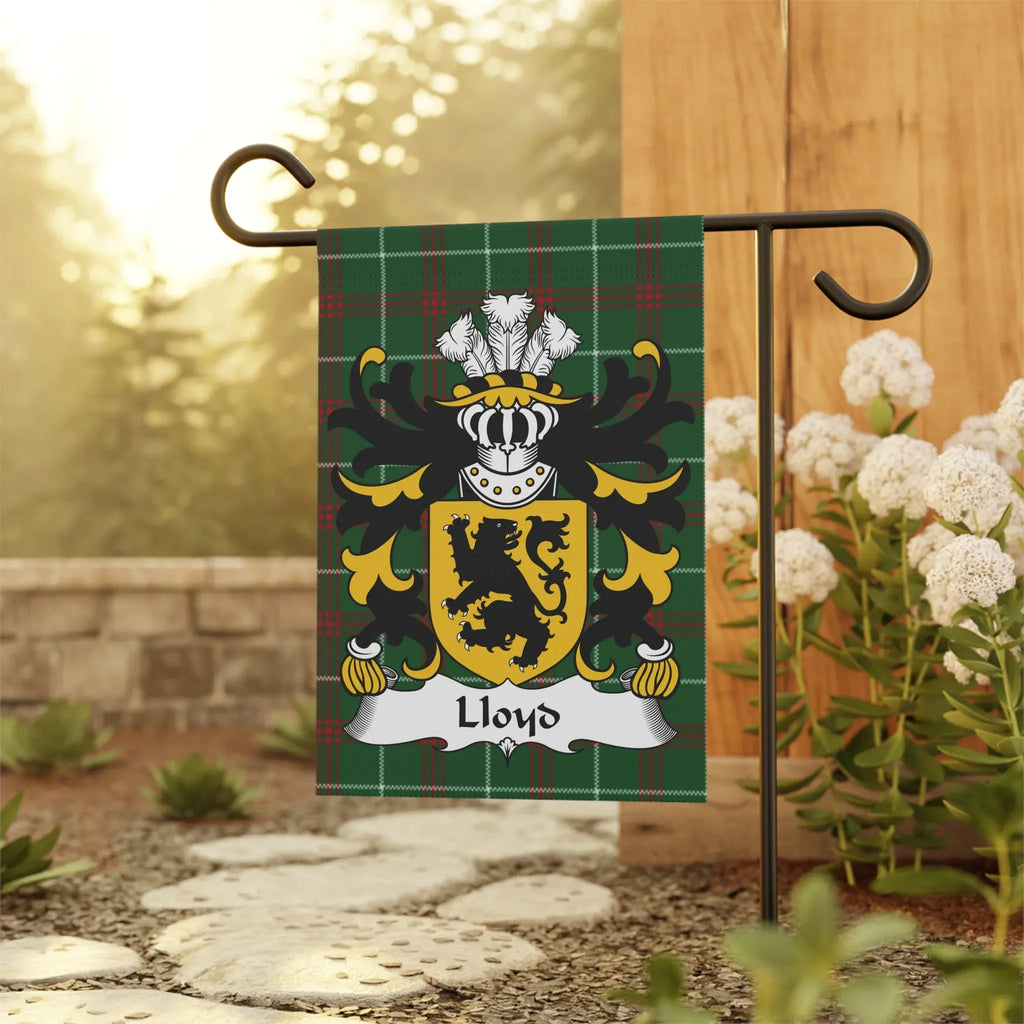 Lloyd family crest on a tartan plaid garden flag.