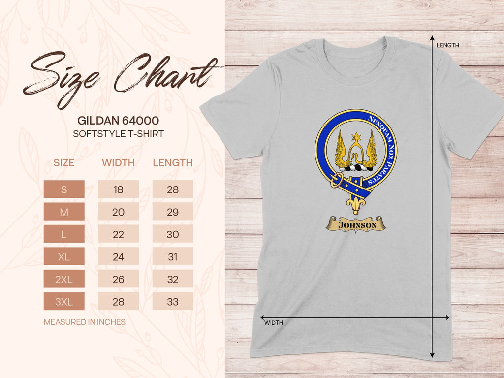 Gildan 64000 size chart for Johnson Scottish clan crest T-shirt