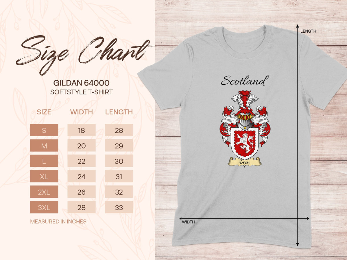 Gildan 64000 size chart for the Grey unisex T-shirt, sizes S to 3XL