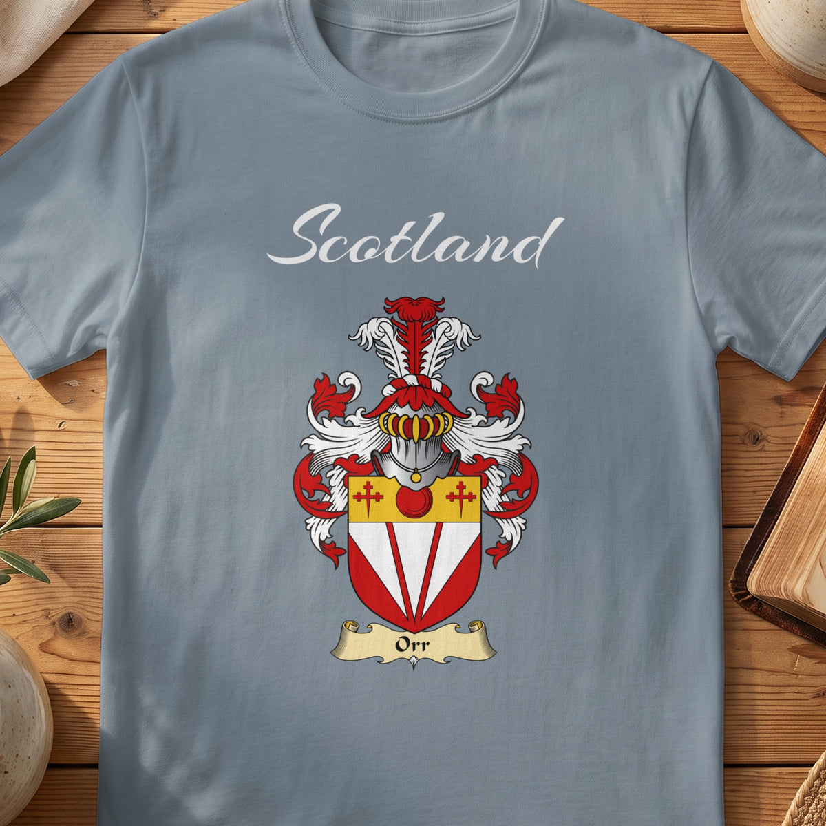 Orr Scottish family shield T-shirt in Stone Blue