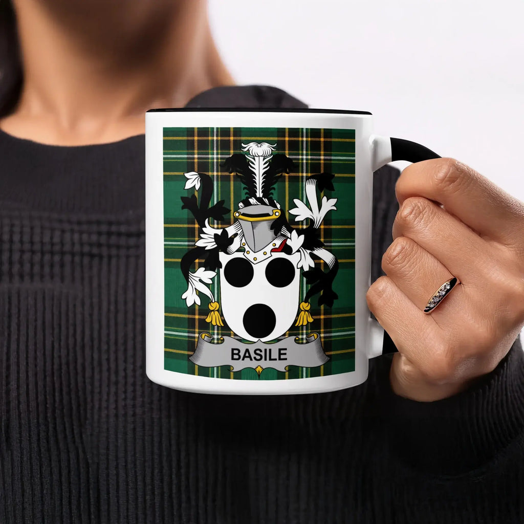 Mug with Basile family crest on green tartan background.