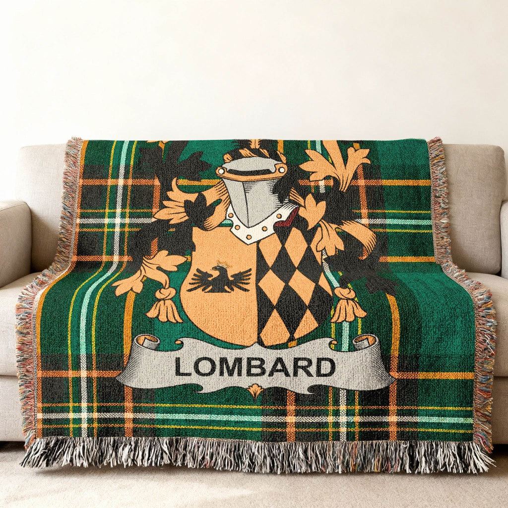 Woven blanket featuring a family crest with "Lombard" banner on a plaid background.