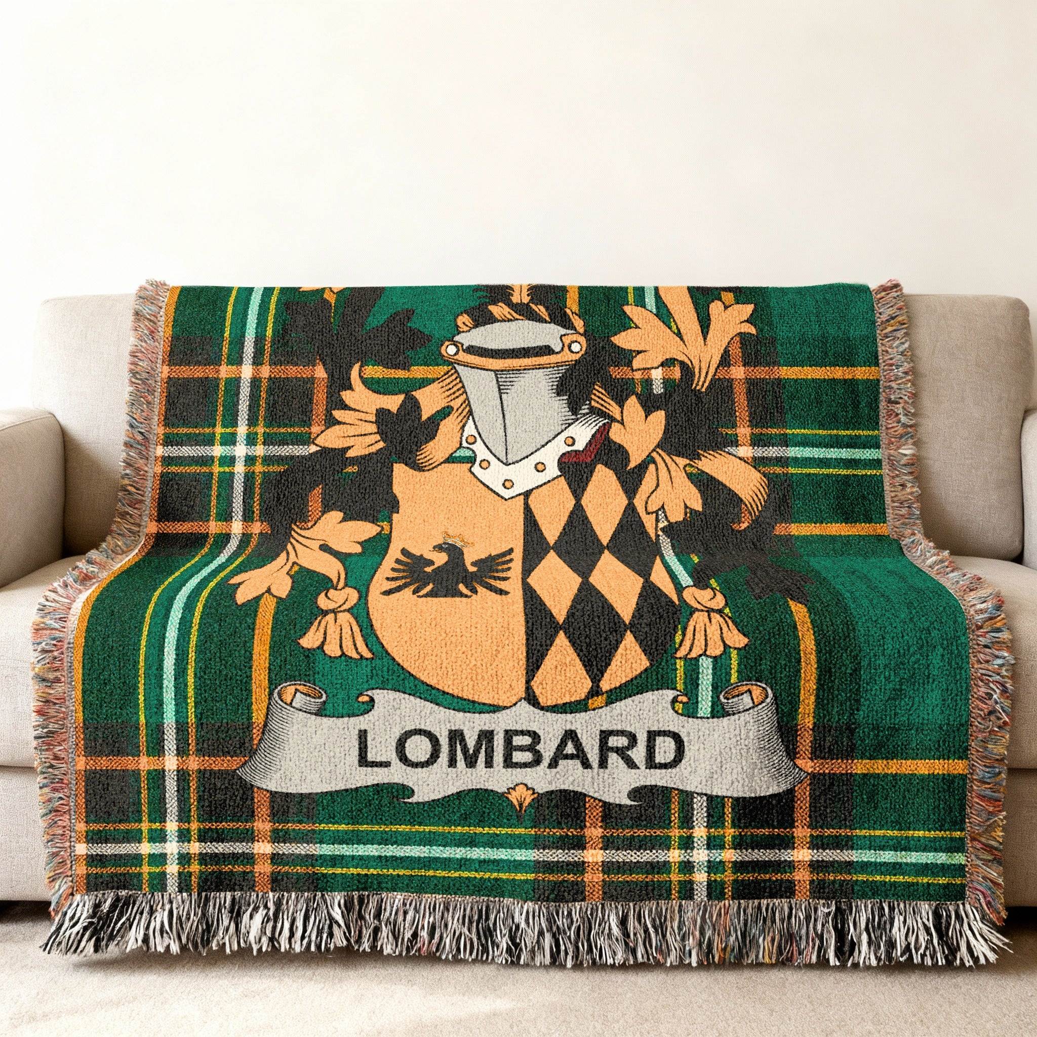 Woven blanket featuring a family crest with "Lombard" banner on a plaid background.
