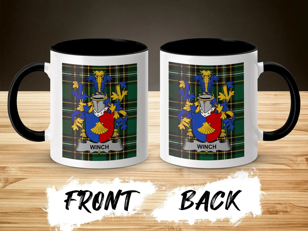 Mug with royal blue, red, and gold crest on tartan, labeled "WINCH".