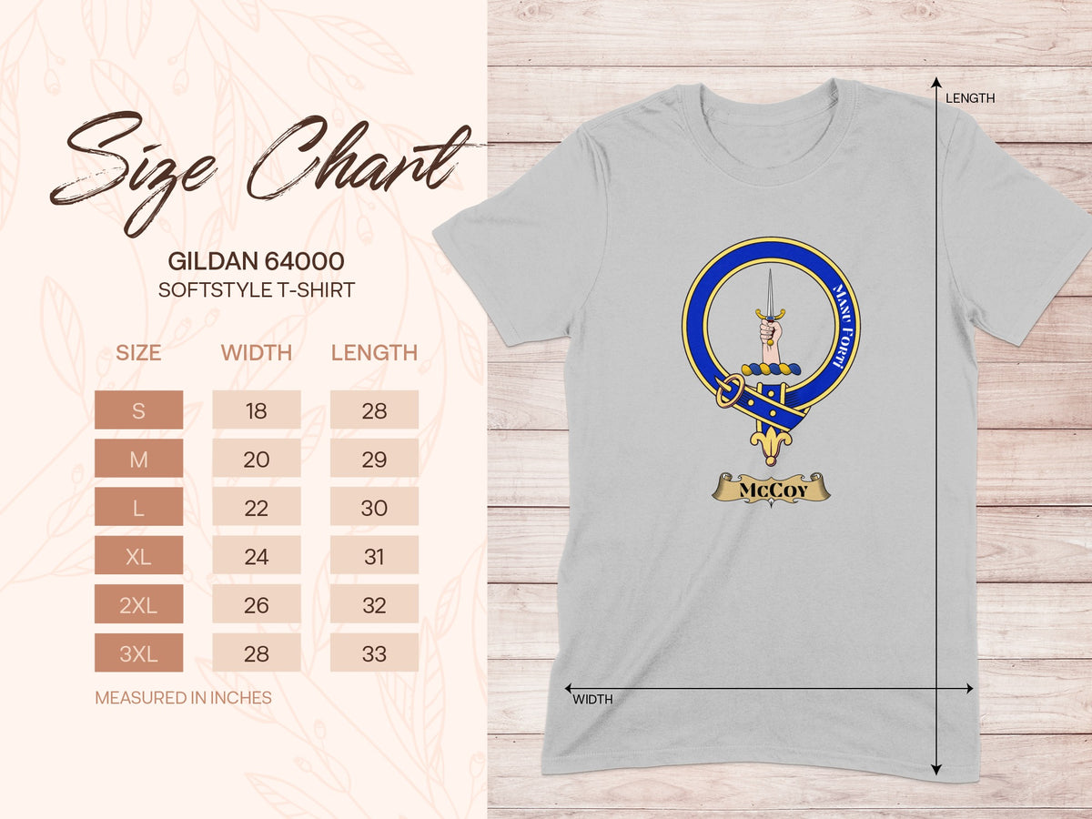 Gildan 64000 size chart for McCoy Scottish clan crest T-shirt