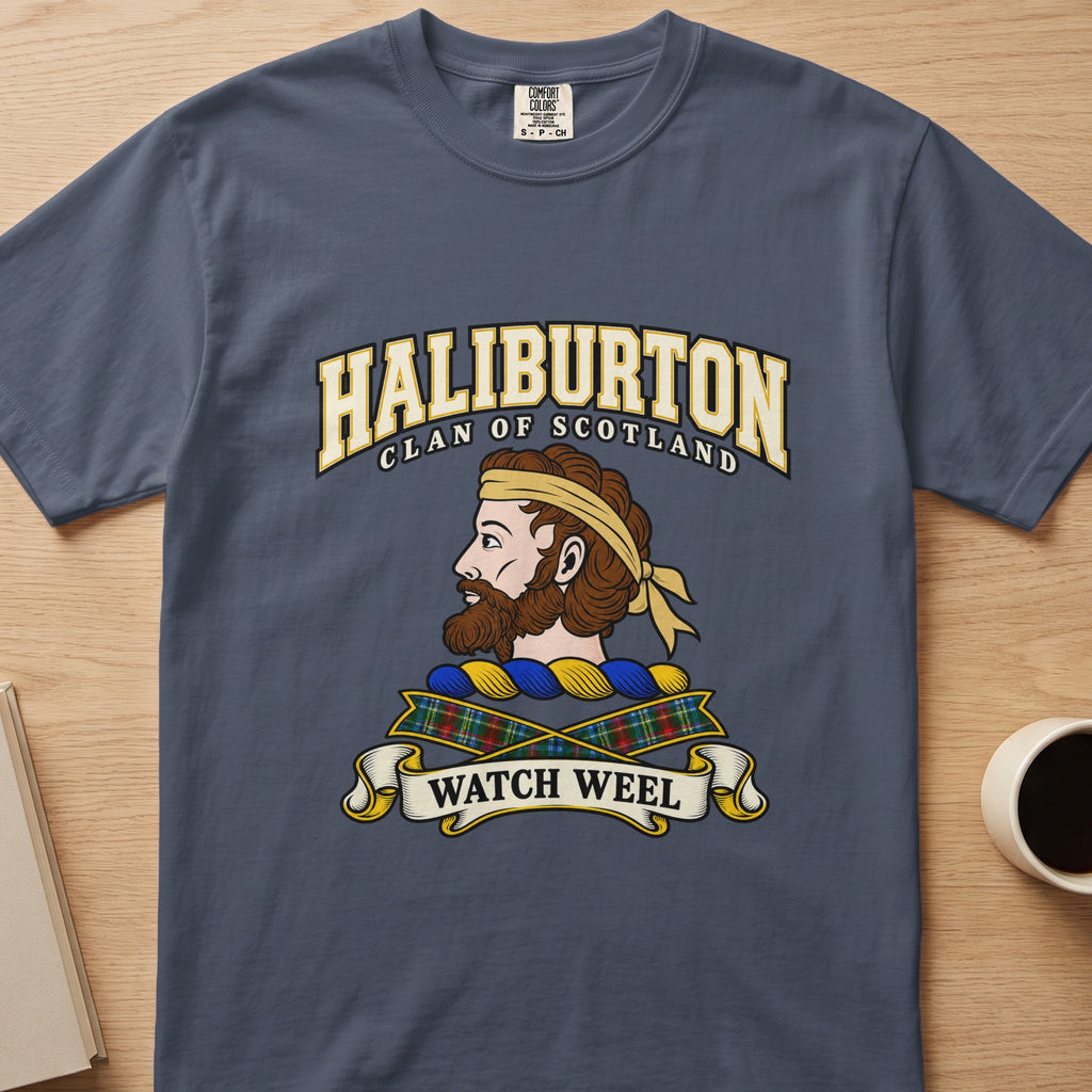 Haliburton clan T-shirt in slate blue, front view with bearded head with a gold headband