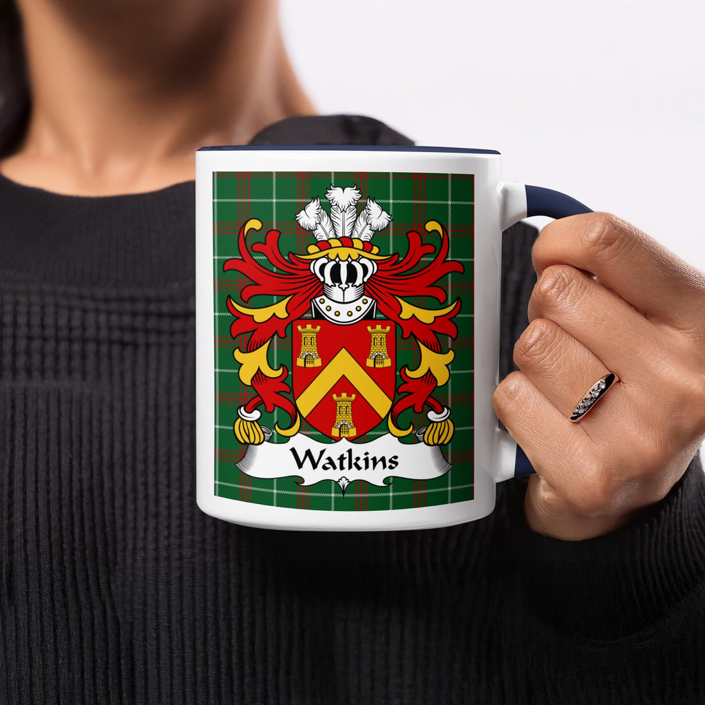 Watkins Welsh ancestry gift mug with green Welsh National Tartan and family crest