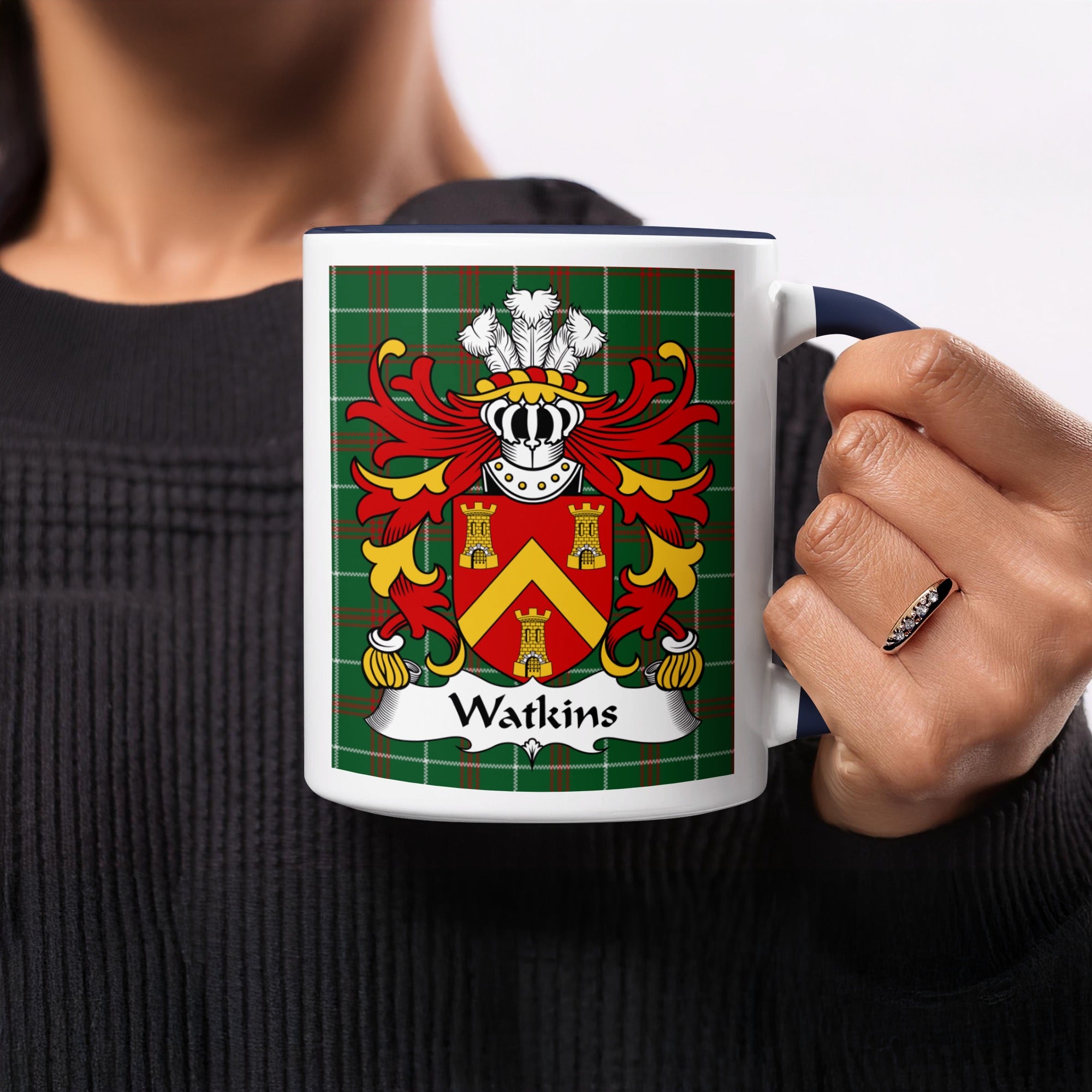 Watkins Welsh ancestry gift mug with green Welsh National Tartan and family crest