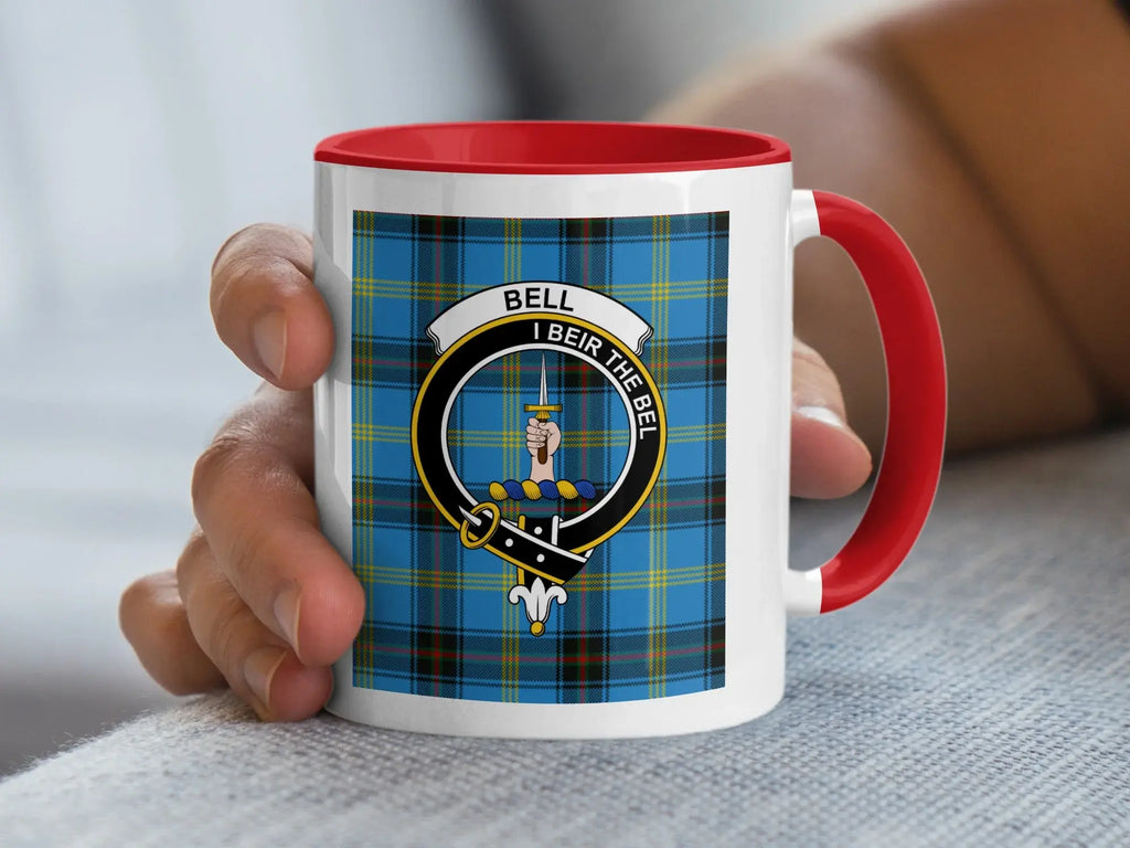 Clan Bell crest I Beir the Bel tartan mug — 15oz glossy ceramic with black handle