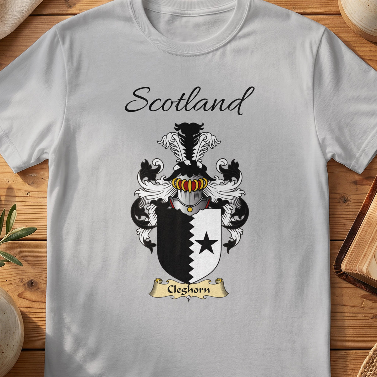 Sport Grey Cleghorn Scottish family shield T-shirt featuring a black star beside a jagged black dividing line