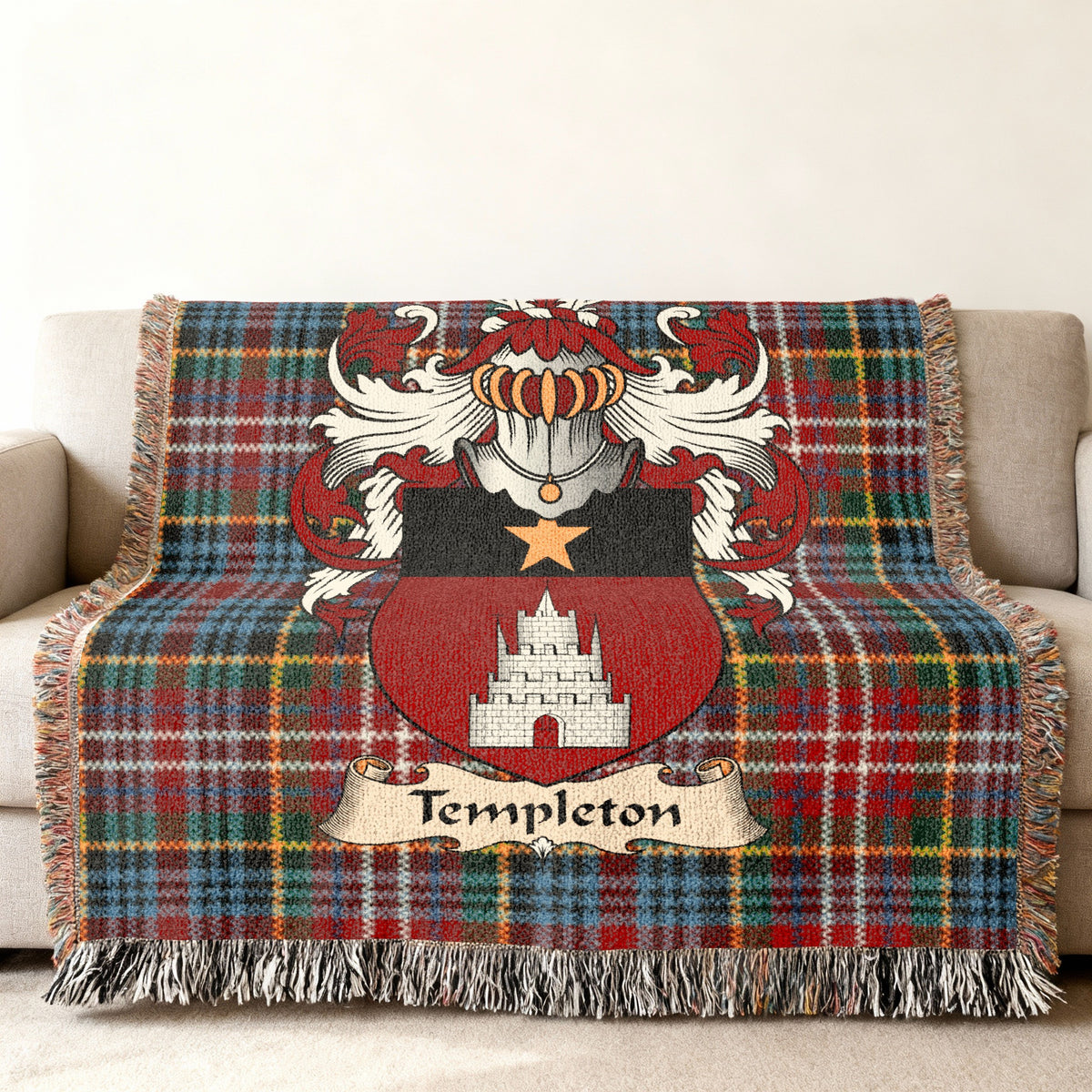 Templeton Scottish family shield woven blanket on a Caledonia tartan background