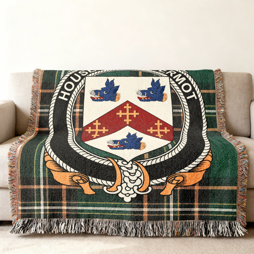 MacDermot Irish National Tartan woven blanket displayed on a sofa