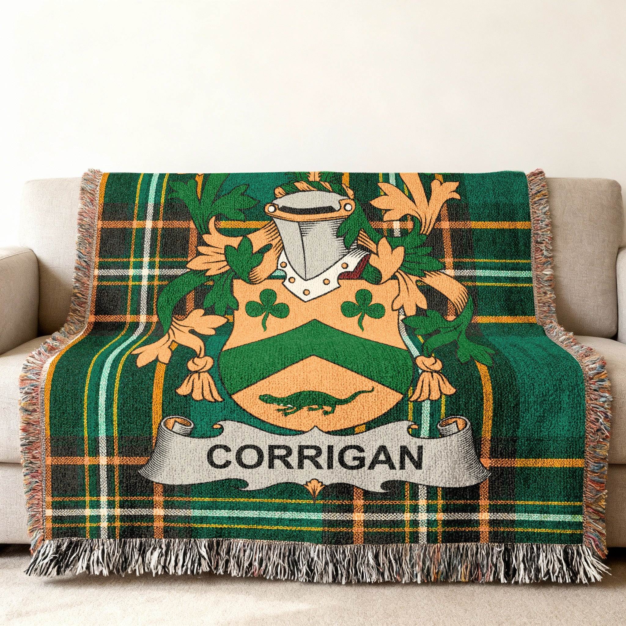 Corrigan Family Crest Green Plaid Throw product type