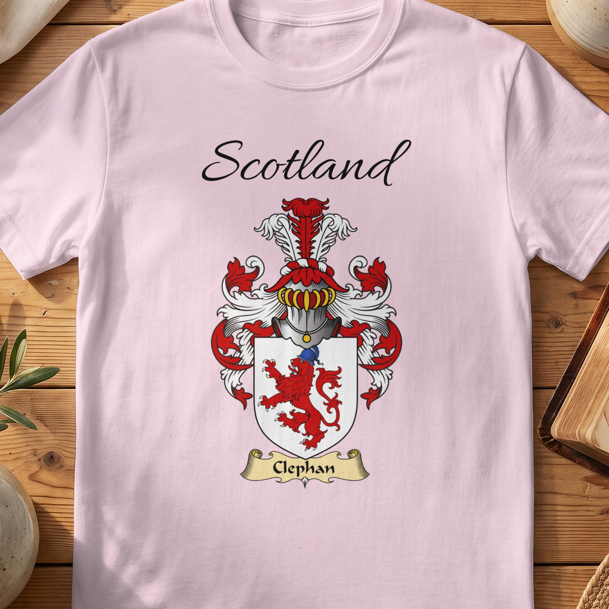Light Pink Clephan Scottish family shield T-shirt featuring a red lion on a white shield