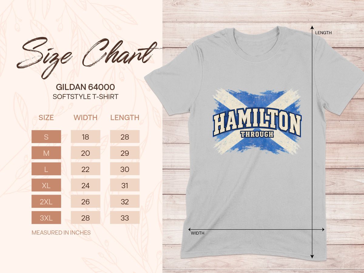 Gildan Softstyle 64000 size chart for the Hamilton Saltire T-shirt, showing shirt width and length in inches.
