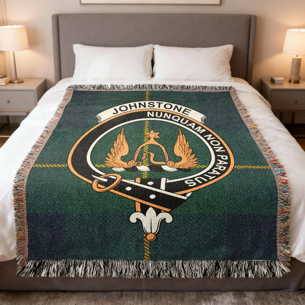Johnstone clan tartan woven blanket — 100% cotton with Nunquam Non Paratus clan crest design