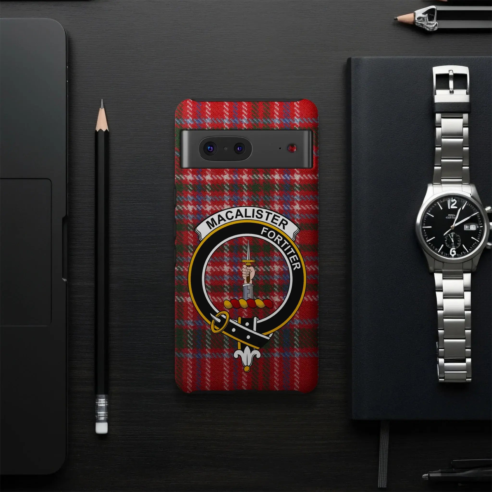 MacAlister Fortiter tartan clan crest phone case — full Boldly heraldic design visible