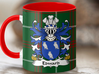 Edward Welsh Surname Coat of Arms Tartan Background Mug - Living Stone Gifts