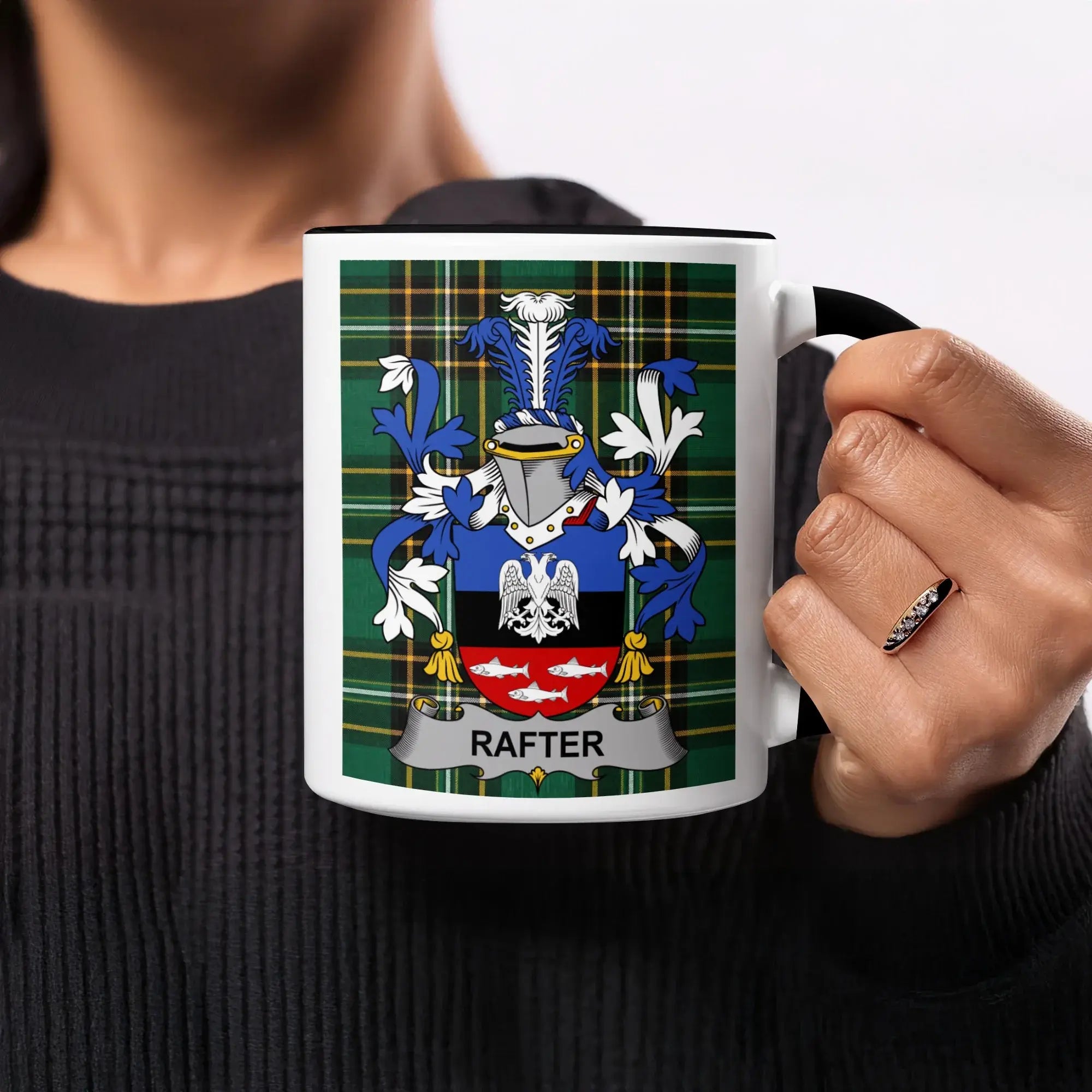 Rafter black accent mug with Irish National Tartan crest design