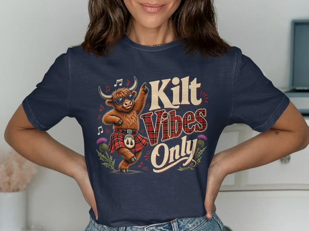 Highland cow wearing sunglasses and kilt, dancing with "Kilt Vibes Only" text.
